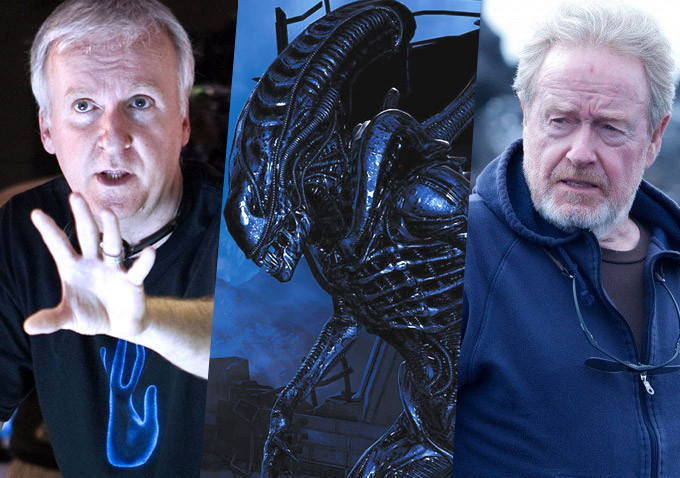 De izquierda a derecha: James Cameron, la criatura Alien y Ridley Scott